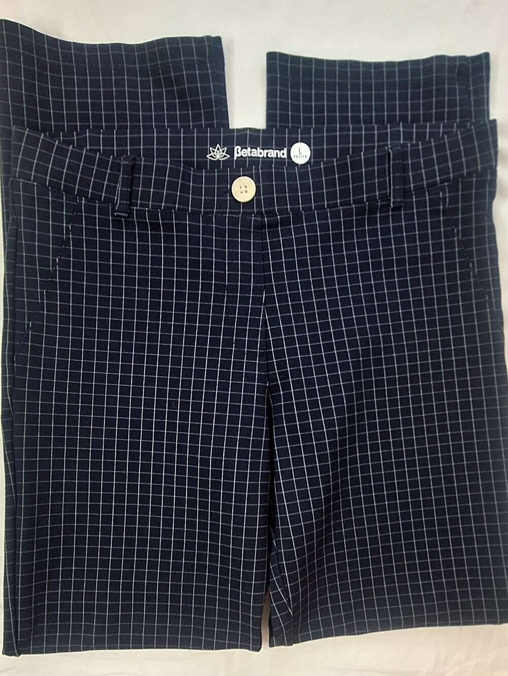 Betabrand Navy Blue Grid Plaid DPYP Straight Leg Dress Yoga Pants Large Petite